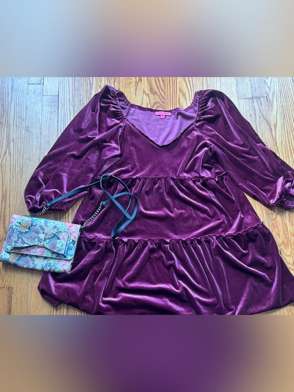 Betsey Johnson Plum Velvet Puff-Sleeve Dress Size XL includes wristlet